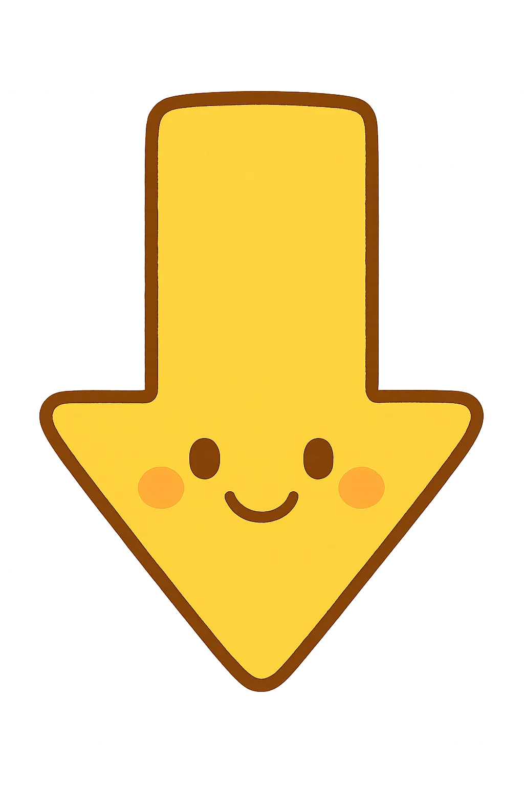 下向きのかわいい矢印｜まっすぐ下をさしている、にっこり笑顔の矢印だよ。「ここを見てね」「下に続きがあるよ」など、案内や掲示にとっても便利！保育の中でも使いやすい明るいデザインだね。
