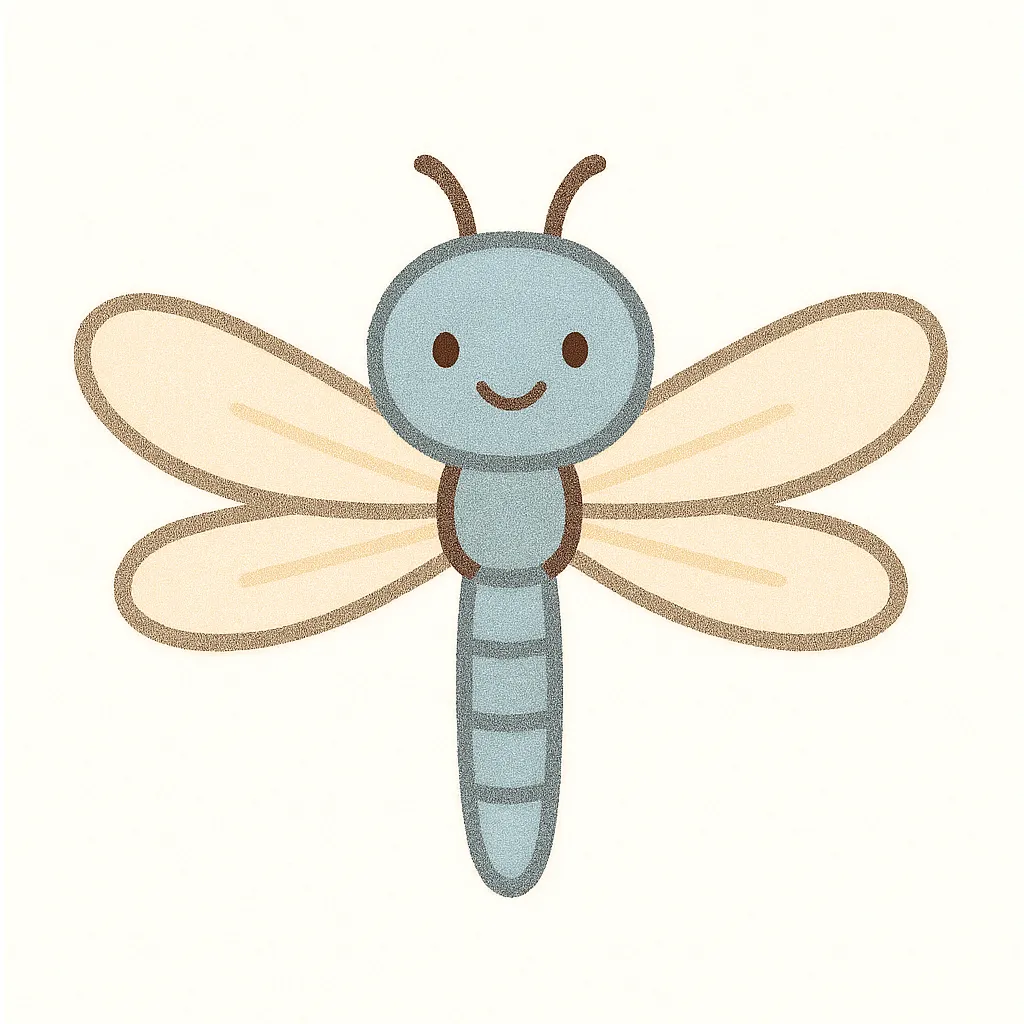 かわいいシオカラトンボ｜水色の胴体と淡い羽を持つシオカラトンボがやさしい表情で描かれた保育向け素材。夏〜秋の自然観察や昆虫紹介に最適な爽やかな印象のイラストです。