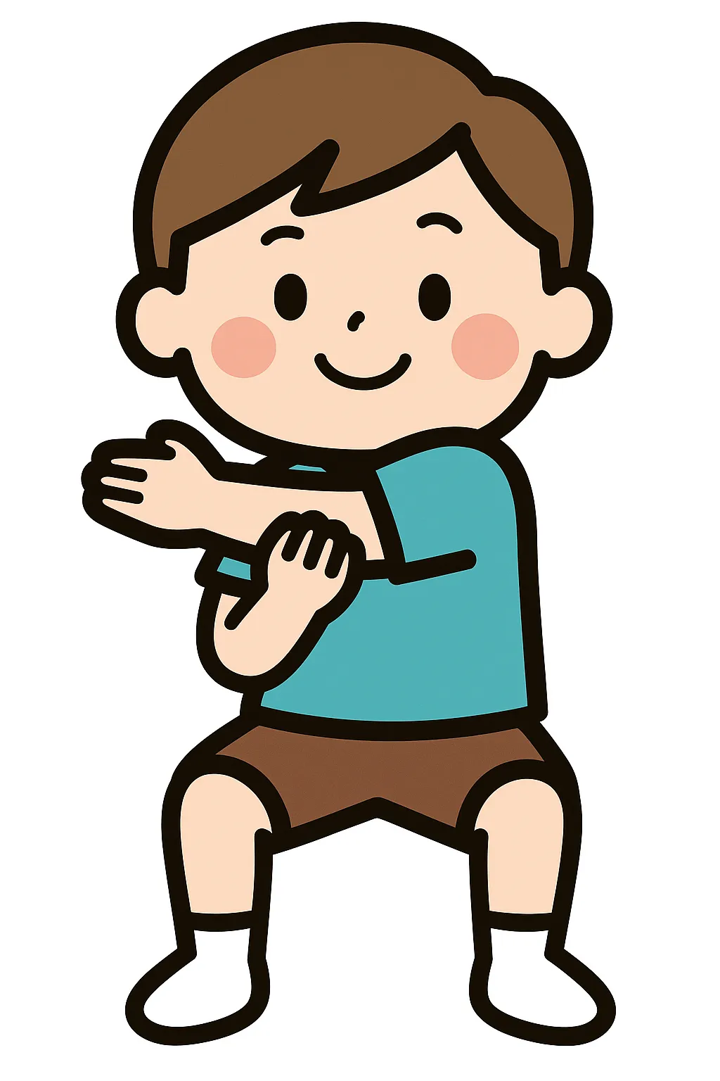 かわいい肩のストレッチ｜片腕を胸の前で押さえる肩まわりのストレッチを、親しみやすい表情とポーズで描写。保育や健康指導の掲示素材として使いやすいモチーフです。