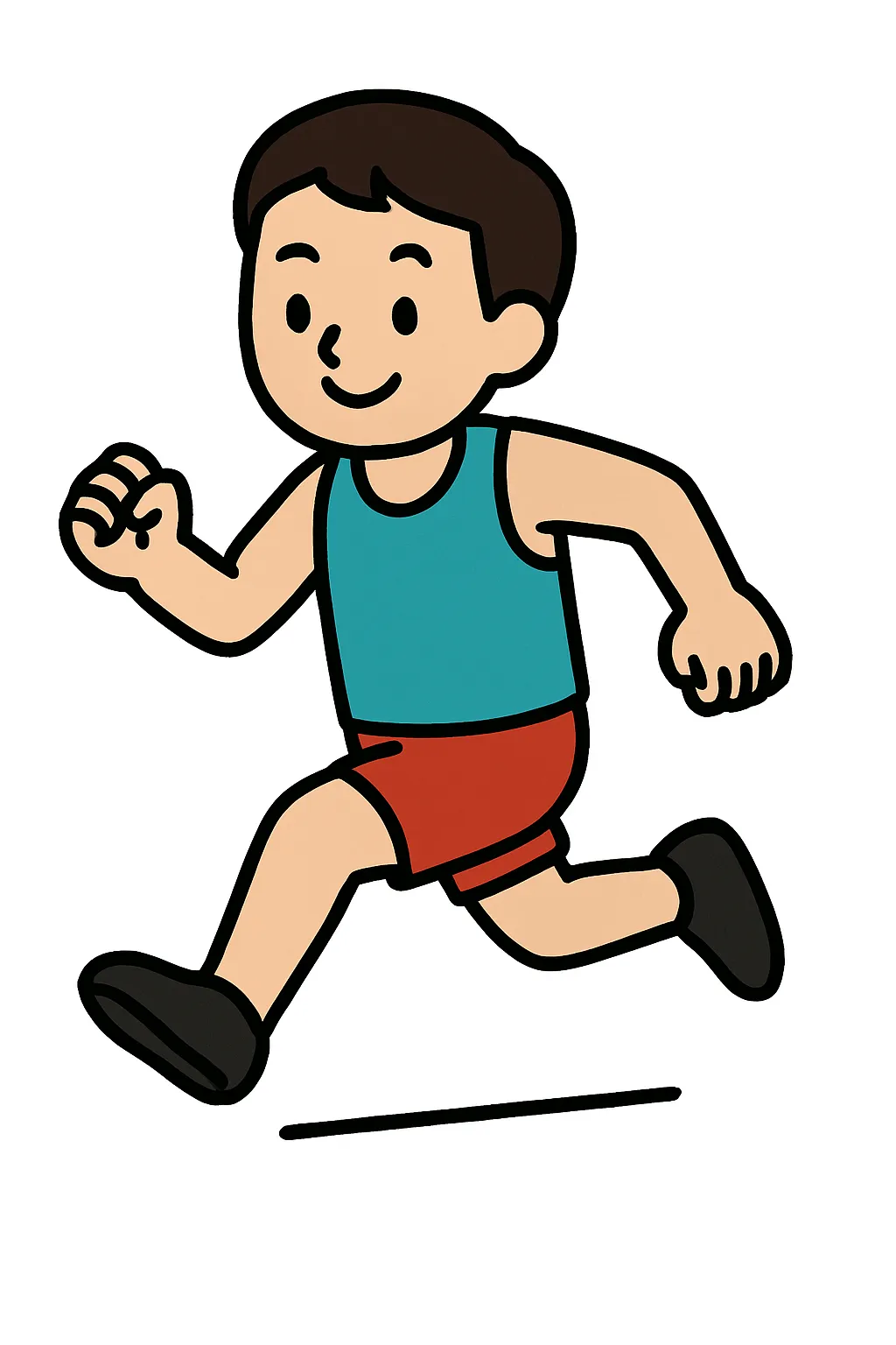かわいいマラソンする男性｜長距離を走るマラソン中の男性だよ。明るい表情で一定のペースを保ちながら、腕をしっかり振って走る姿が印象的。健康づくりや持久走イベントの掲示におすすめだよ。