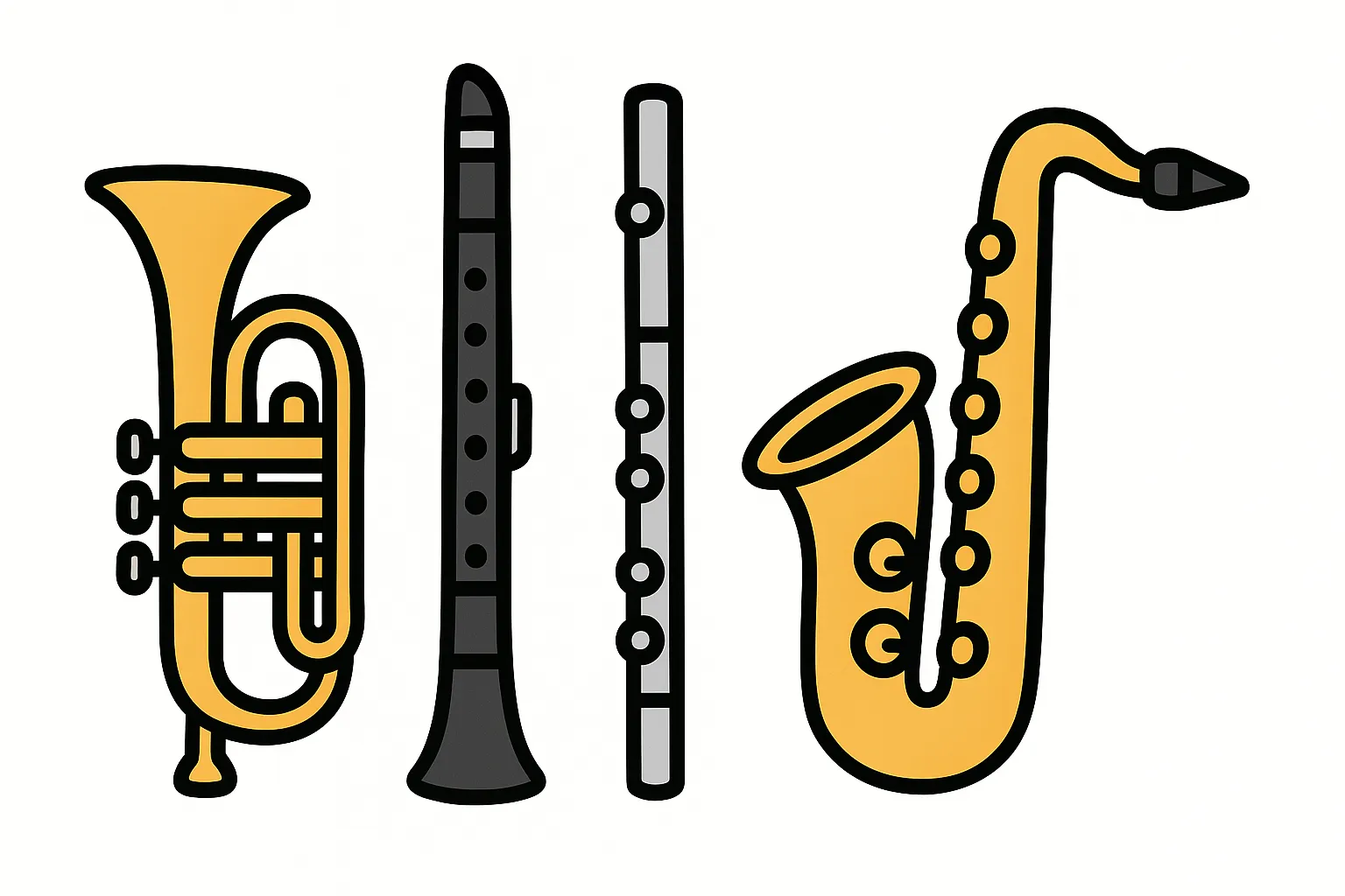 かわいい吹奏楽の楽器（複数）｜トランペットやクラリネット、フルート、サックスなど吹奏楽でよく使われる楽器が並んでいるよ。どれもわかりやすい形で、明るい色合いが楽しいね。音楽の掲示や教材にぴったりだよ。