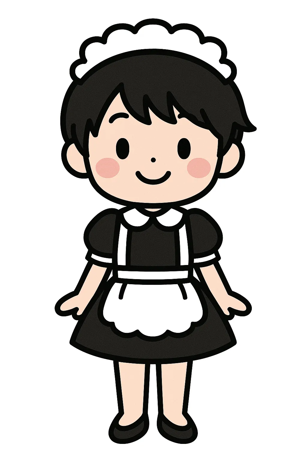 かわいいミニスカメイド服｜ひざ上丈のミニスカートタイプのメイド服を着た人物イラストです。コンパクトで動きやすいシルエットながら、かわいいにっこり笑顔でやさしい印象に。黒白の明快な色使いと白背景で、保育場面にも親しみやすく仕上げられています。