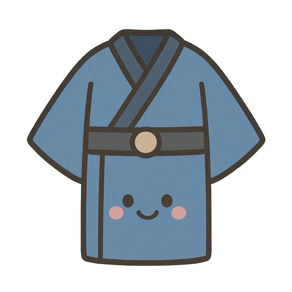 かわいい男性着物（シンプル）｜落ち着いた青色の和装に、帯とワンポイントの装飾が加えられた男性着物です。かわいい表情が親しみやすく、日本文化の紹介や行事掲示にも活用できます。