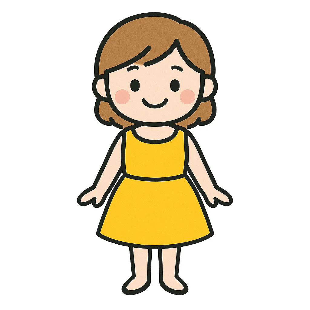 かわいいミニドレス｜ひざ丈のミニドレスを着たにっこり笑顔の人物イラストです。軽やかで元気な印象の衣装は、遊びや衣装ごっこ、掲示素材にぴったり。黒目のみのやさしい表情と明るい色づかいで、保育シーンになじみやすい仕上がりです。背景は白で清潔感も◎。