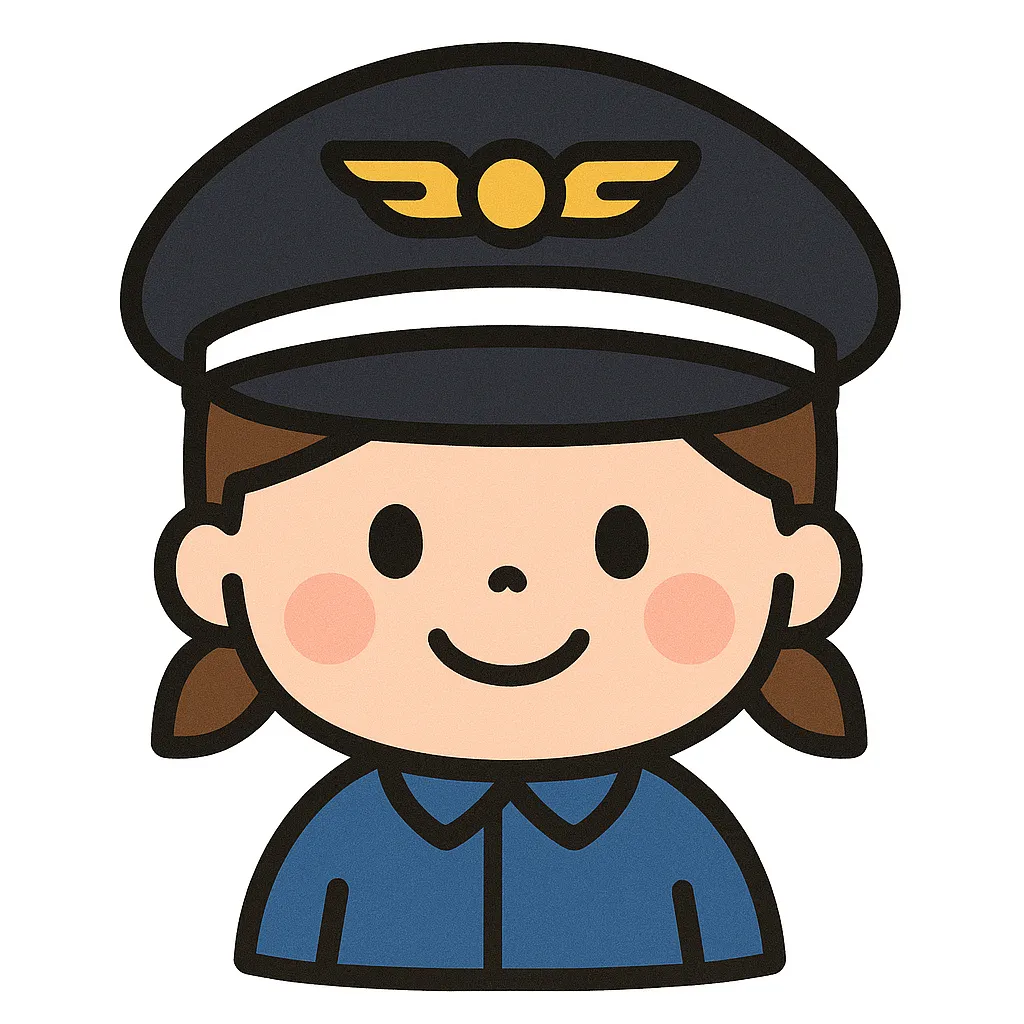 かわいいパイロット帽｜つば付きで金色のエンブレムがついたパイロット帽をかぶった子どもだよ。かっこいい制服風のデザインで、乗り物ごっこや夢の職業紹介にぴったりだね。