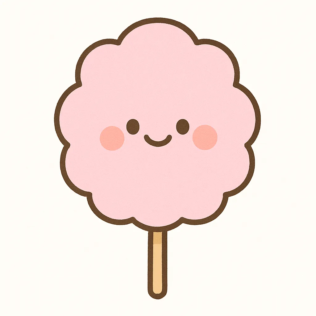 かわいいわたあめ｜ふわふわしたピンクのわたあめに、にっこり顔とほっぺがついているよ。やさしい色合いで、お祭りやごっこ遊びの素材として楽しく使えるね。