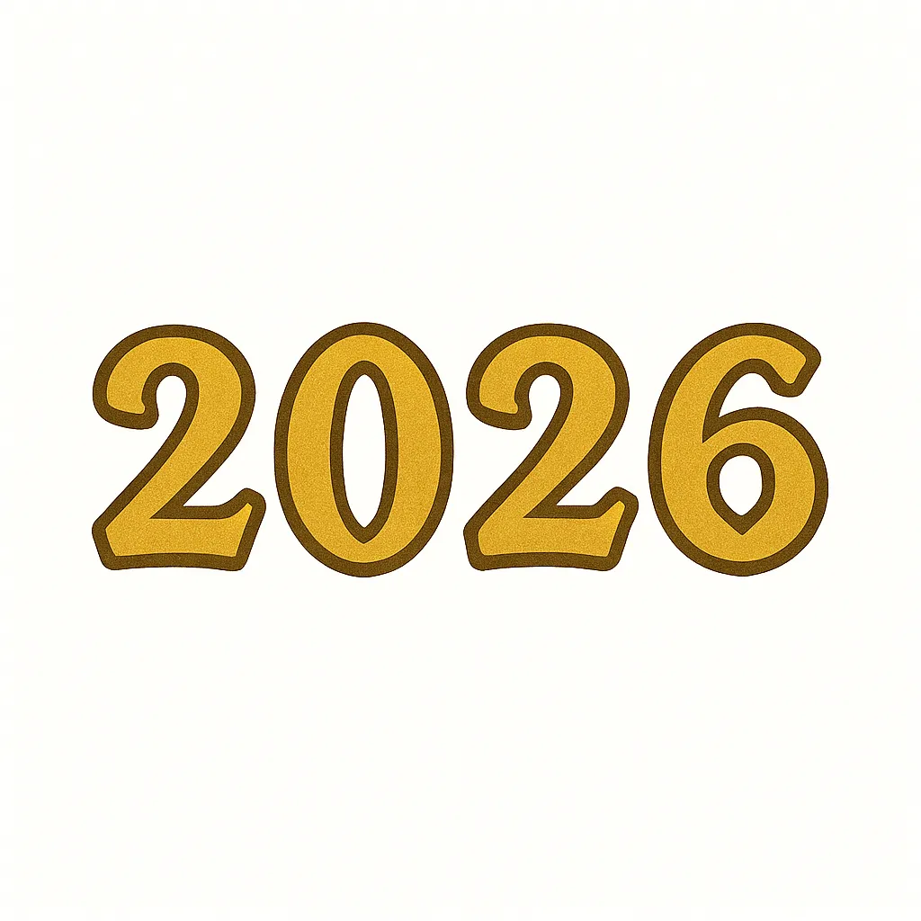 簡単かわいい2026数字イラスト｜ゴールド調の数字がシンプルに描かれた簡単かわいいデザイン。新年を華やかに演出し、ポップで親しみやすい雰囲気を与えている。