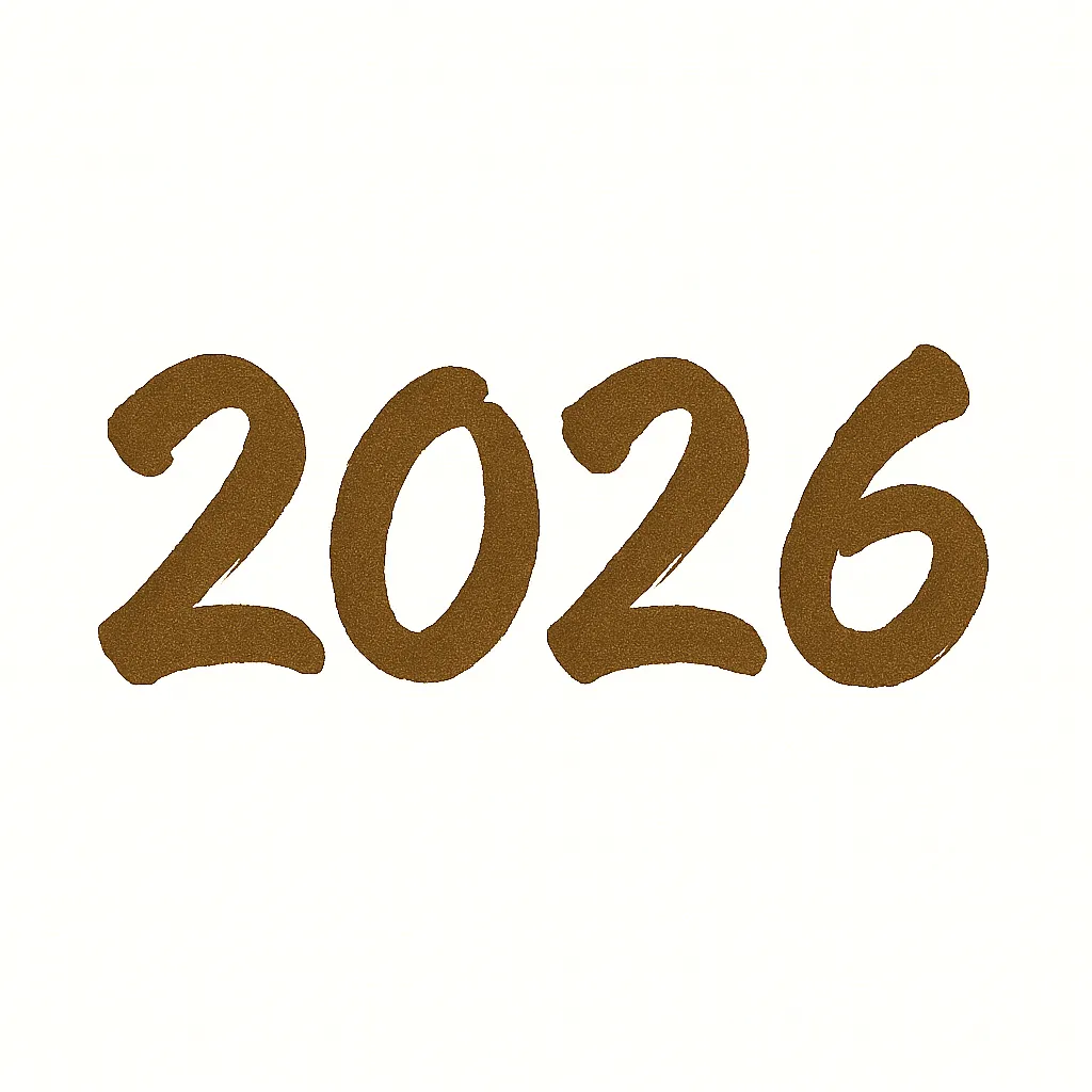 簡単かわいい2026文字イラスト｜筆文字風に描かれた数字が特徴の簡単かわいい作品。和の趣を感じさせつつ、柔らかい雰囲気で新年の喜びを表現している。
