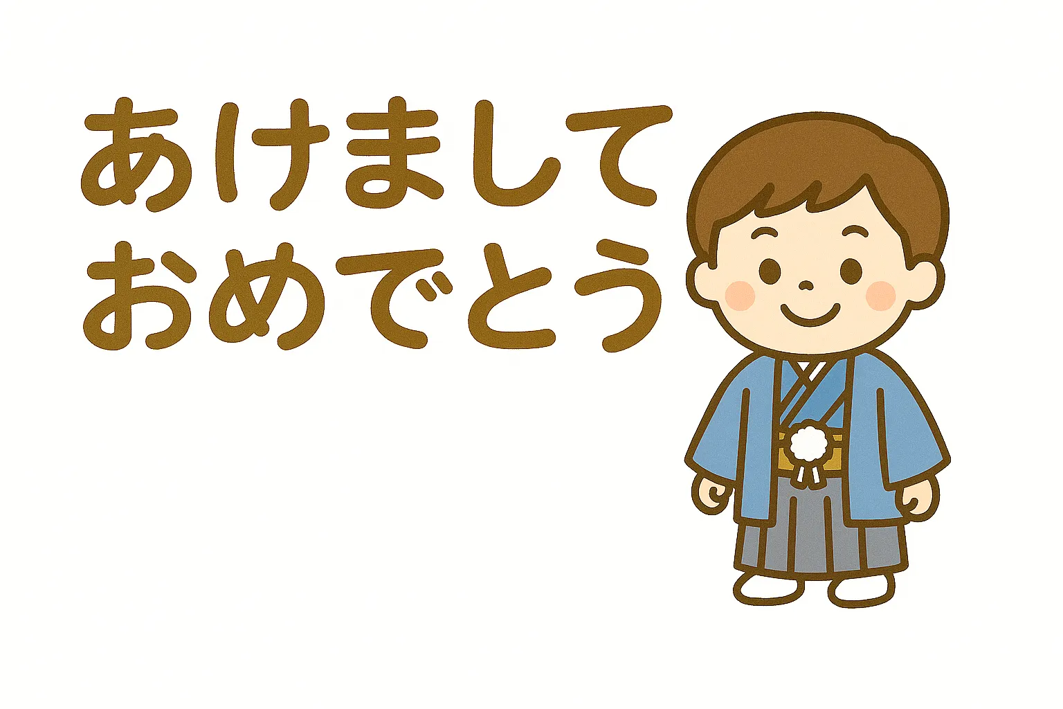 簡単かわいいあけましておめでとう男の子｜袴姿の男の子とあけましておめでとうの文字を組み合わせた簡単かわいいデザイン。新年らしい晴れやかな印象を親しみやすく描いている。