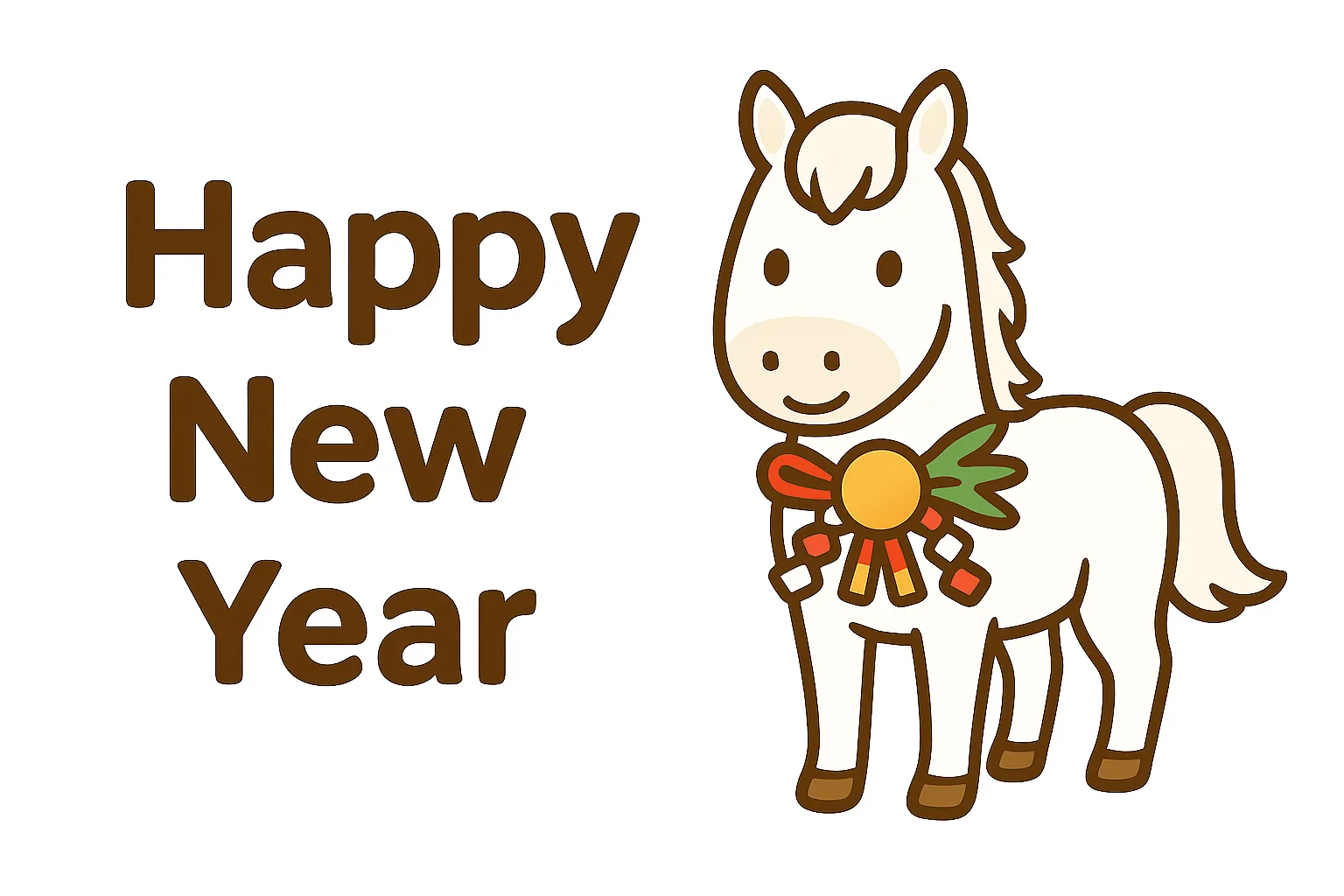 簡単かわいい2026年午年の白馬イラスト｜白馬に華やかな飾りを添えた簡単かわいい2026年午年のイラスト。清楚で特別感のある雰囲気が新年のお祝いにぴったりのデザイン。