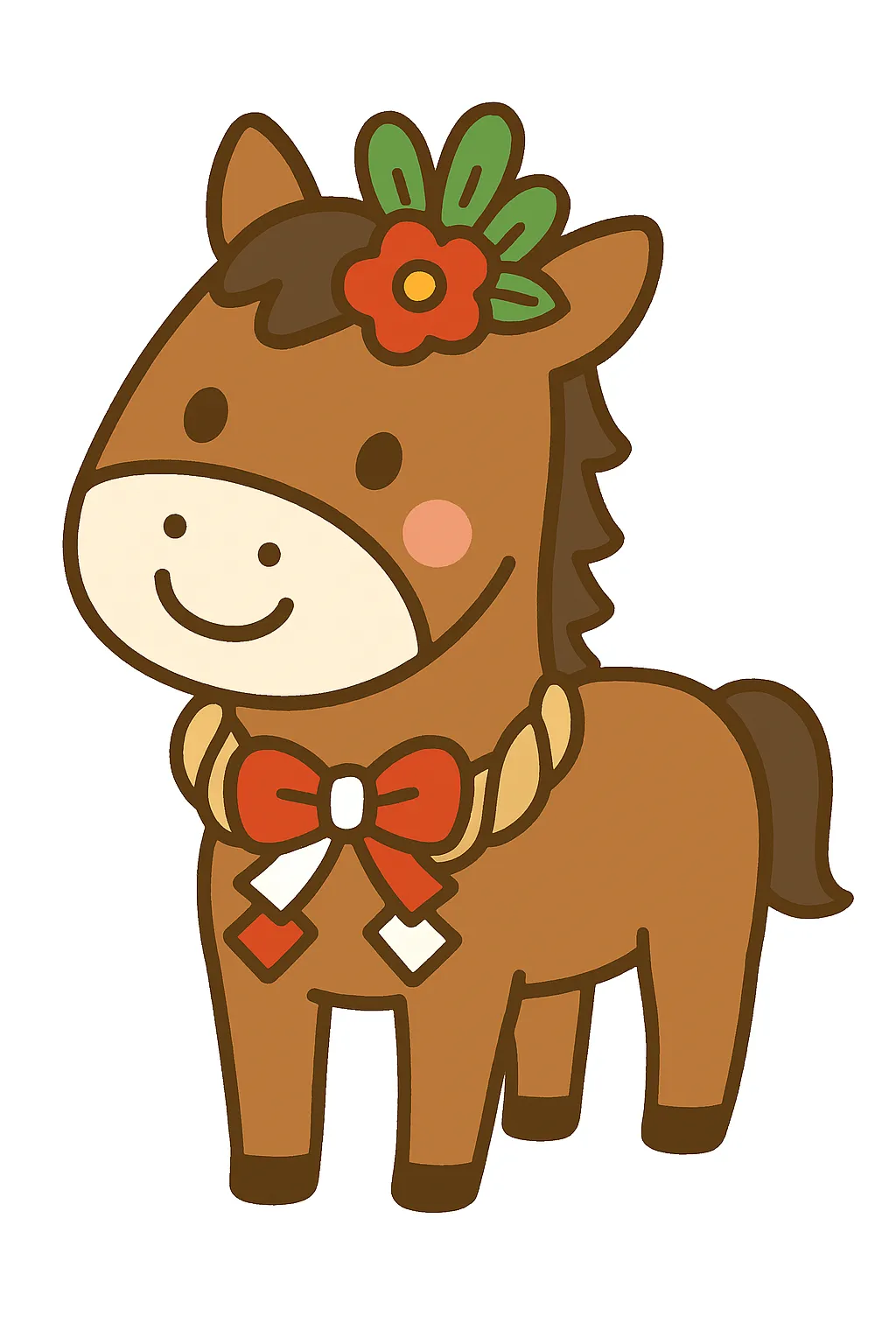 簡単かわいい午年の馬イラスト｜赤い花飾りを付けた馬が描かれた簡単かわいい午年のデザイン。丸みを帯びた線で親しみやすく、新春を祝う穏やかな雰囲気が漂う。