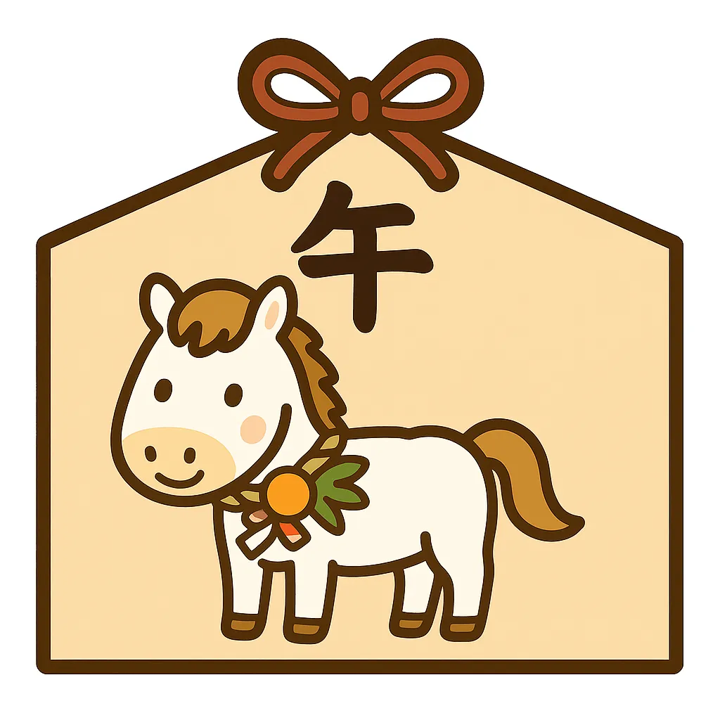 簡単かわいい午年絵馬のイラスト｜白い馬と「午」の文字をあしらった絵馬の簡単かわいいデザイン。シンプルでわかりやすく、干支をテーマにした新年のお守り風の表現。