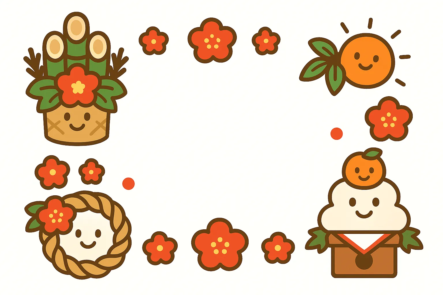 簡単かわいいお正月フレームイラスト｜門松やしめ縄、鏡餅などが配置された簡単かわいいフレーム。色とりどりの花も添えられ、明るくにぎやかな正月の雰囲気を伝える。