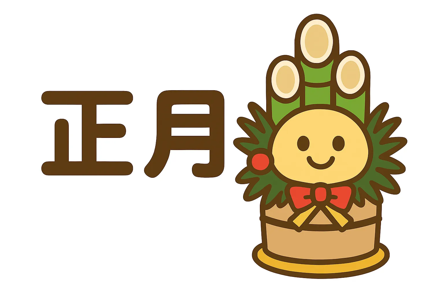 簡単かわいいお正月門松イラスト｜門松に笑顔の顔を付け「正月」の文字と合わせた簡単かわいい作品。親しみやすさを大切にしながらも、伝統的な雰囲気を残している。