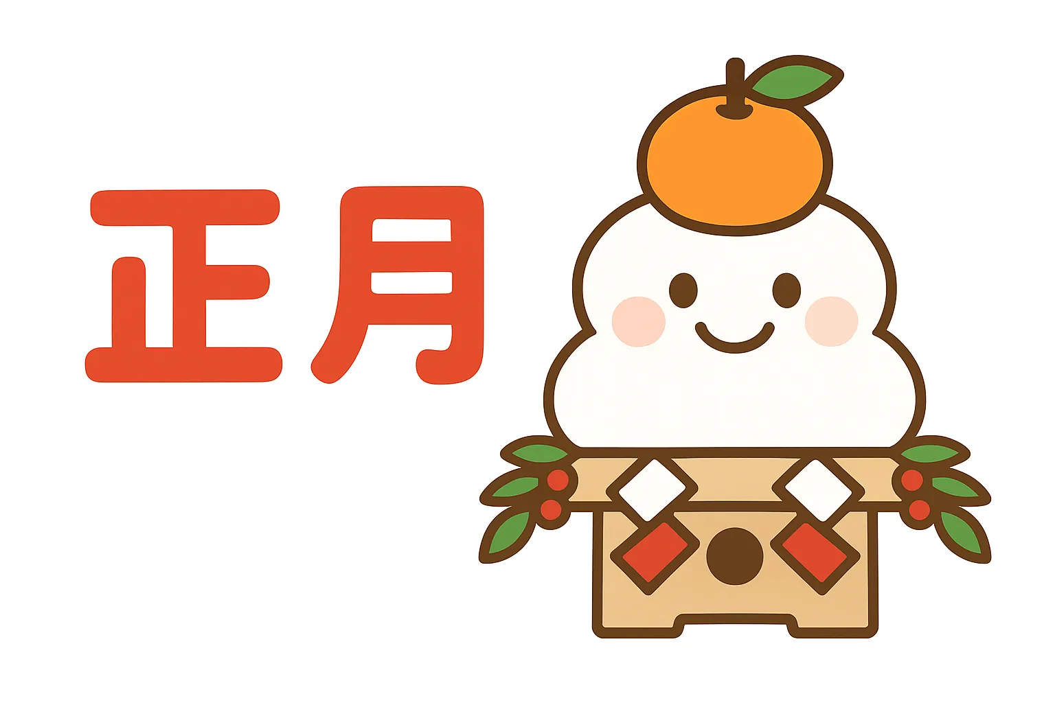 簡単かわいいお正月鏡餅イラスト｜みかんを乗せた鏡餅と「正月」の文字を組み合わせた簡単かわいいイラスト。やさしい線で描かれ、新年の穏やかな祝福感を表している。