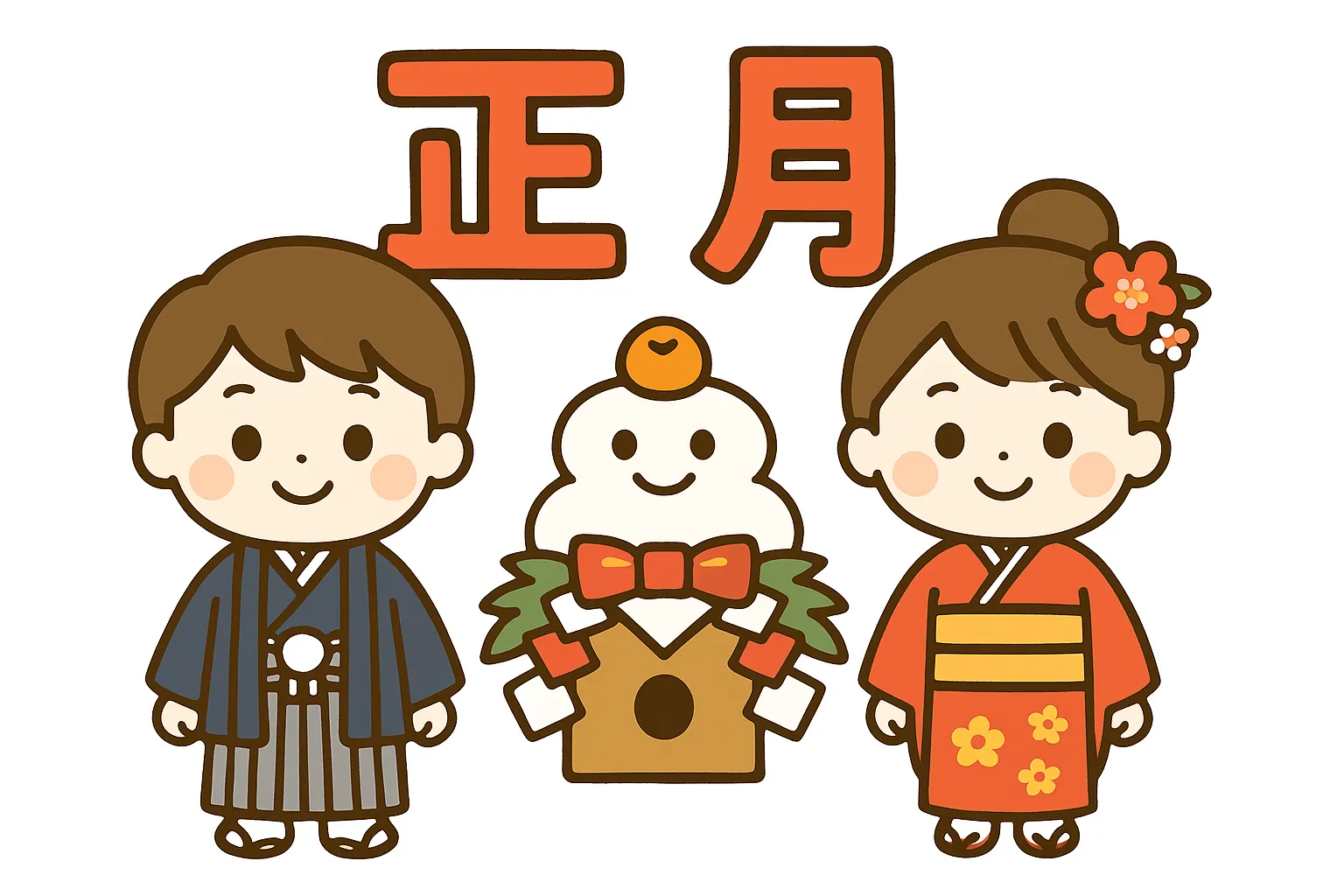 簡単かわいいお正月着物イラスト｜着物姿の男の子と女の子が鏡餅と一緒に描かれた簡単かわいい正月デザイン。和やかで華やかな新年の雰囲気を親しみやすく表現している。