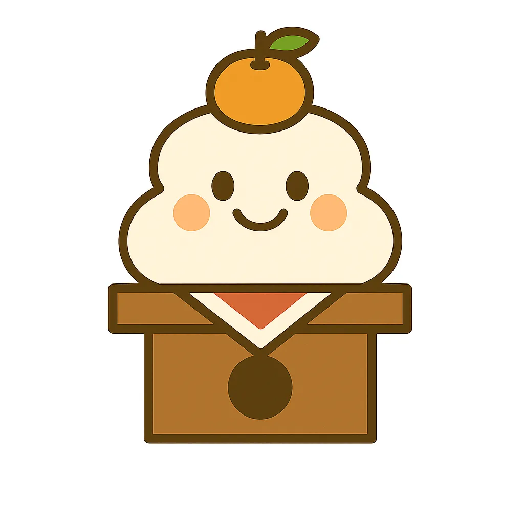 簡単かわいい鏡餅イラスト｜丸みを帯びた形の鏡餅に顔を付けた簡単かわいい作品。みかんをちょこんと乗せ、新年を祝う温かみある和やかなイラスト表現になっている。