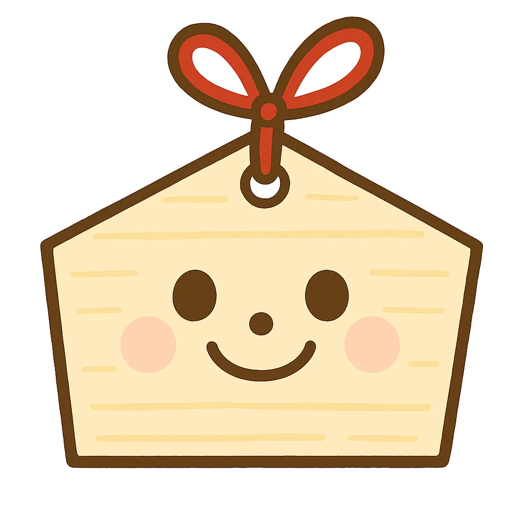 簡単かわいい絵馬顔イラスト｜顔の表情を持つ絵馬をユーモラスに描いた簡単かわいい作品。木目調の質感を活かしつつ、柔らかい笑顔で新年の願いを象徴している。