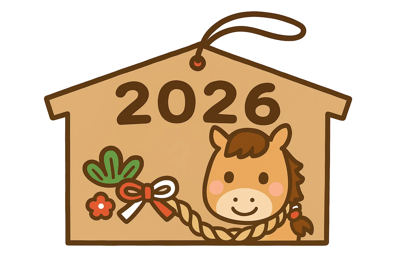 簡単かわいい絵馬2026イラスト｜2026の数字と馬のモチーフを組み合わせた簡単かわいい絵馬。素朴な色合いと柔らかい線で新年の願いを親しみやすく描いている。
