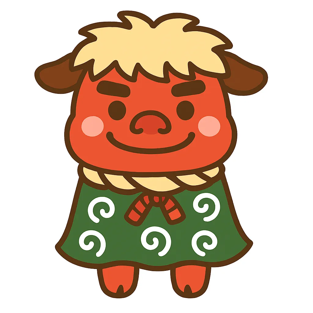 簡単かわいい獅子舞イラスト｜赤い顔と緑の模様入り布を纏った獅子舞を描いた簡単かわいい作品。伝統的な題材をユーモラスに表現し、新春の楽しさを感じさせる。