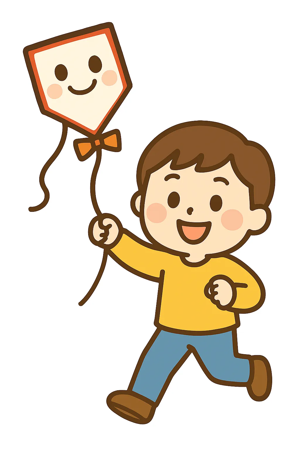簡単かわいい凧揚げイラスト｜男の子が凧を揚げる場面を描いた簡単かわいいイラスト。活き活きとした動きがあり、正月の元気で楽しい雰囲気を明るく表現している。