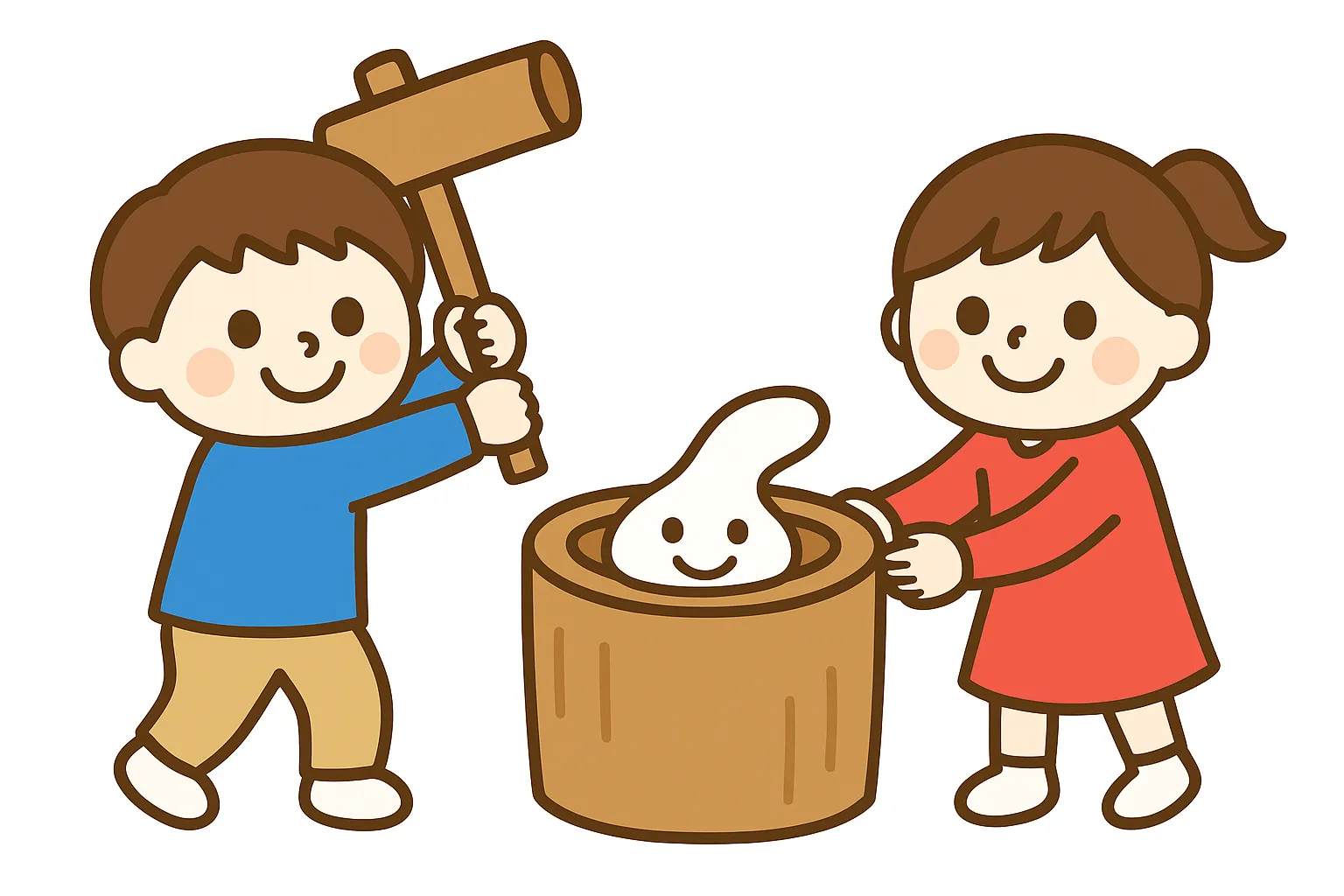 簡単かわいい餅つきイラスト｜男の子と女の子が一緒に餅をつく姿を描いた簡単かわいいデザイン。表情豊かで温かみがあり、正月行事のにぎやかさを親しみやすく表現。
