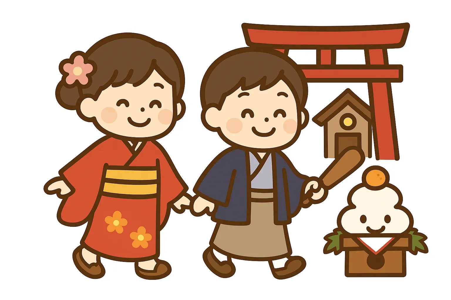 簡単かわいい初詣のイラスト｜着物姿の子どもたちが鳥居を背景に描かれた簡単かわいい初詣のイラスト。優しい色調と丸みのあるタッチで、正月の楽しげな雰囲気を柔らかに描き出している。