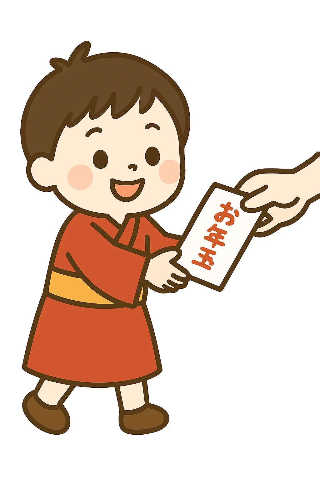 簡単かわいいお年玉のイラスト｜お年玉を受け取る子どもが描かれた簡単かわいいイラスト。笑顔や赤い文字の演出が新春の明るさを感じさせ、温かい家庭的な雰囲気を伝えている。