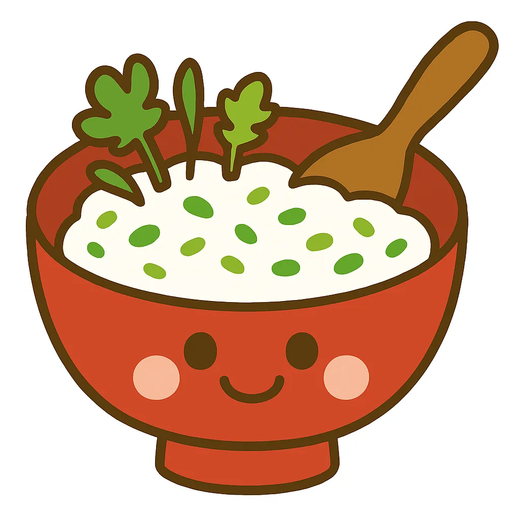 簡単かわいい七草粥のイラスト｜赤い器に盛られた七草粥が顔つきで描かれた簡単かわいいイラスト。柔らかい線と明るい彩色で、健康的で親しみやすい正月の食文化を楽しく表現している。