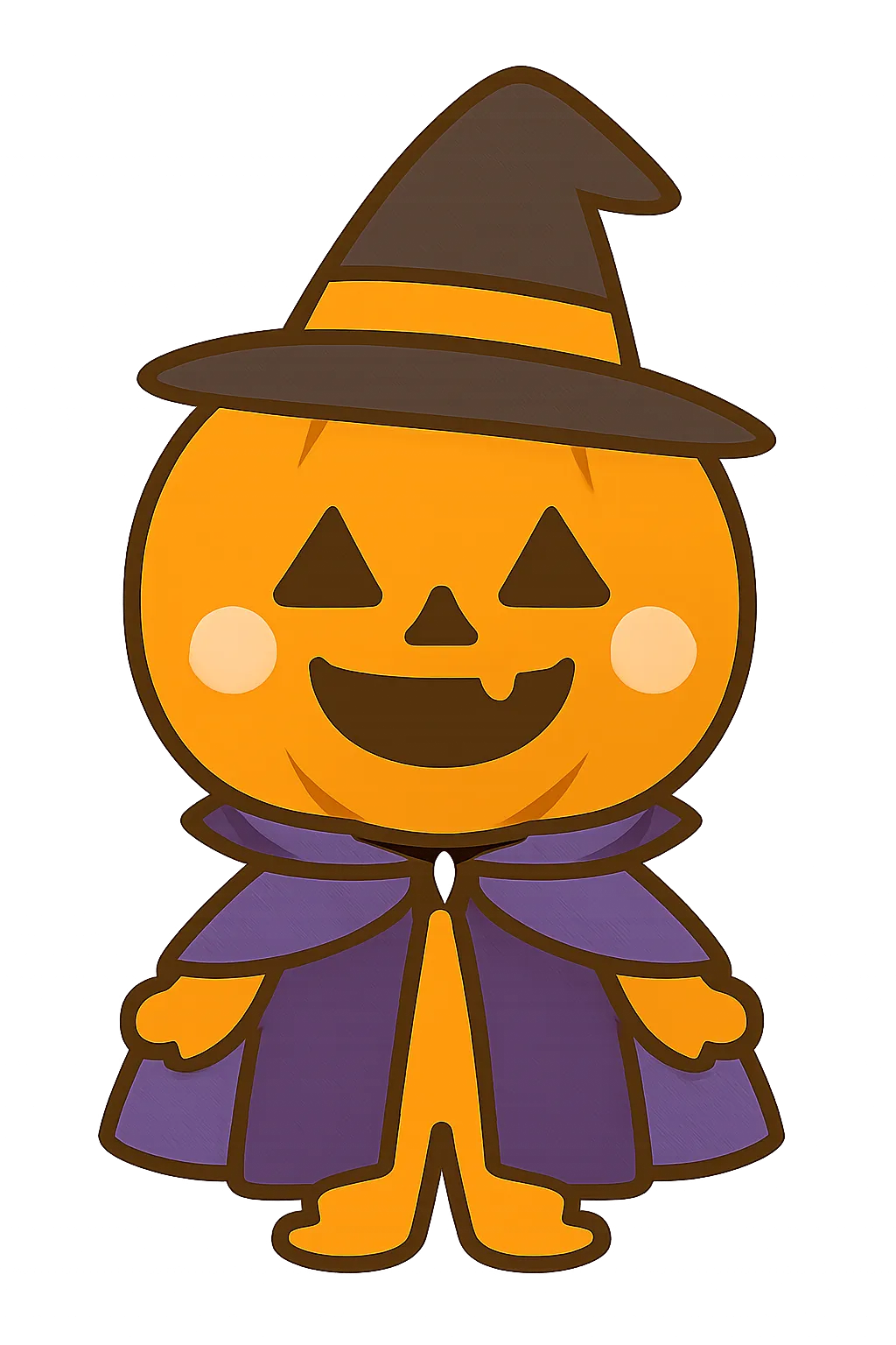 簡単かわいいハロウィンジャックオーランタンイラスト｜帽子とマントをまとったジャックオーランタンのキャラクター。暖かな光に包まれた表現で、簡単かわいい雰囲気が楽しい夜を演出しています。