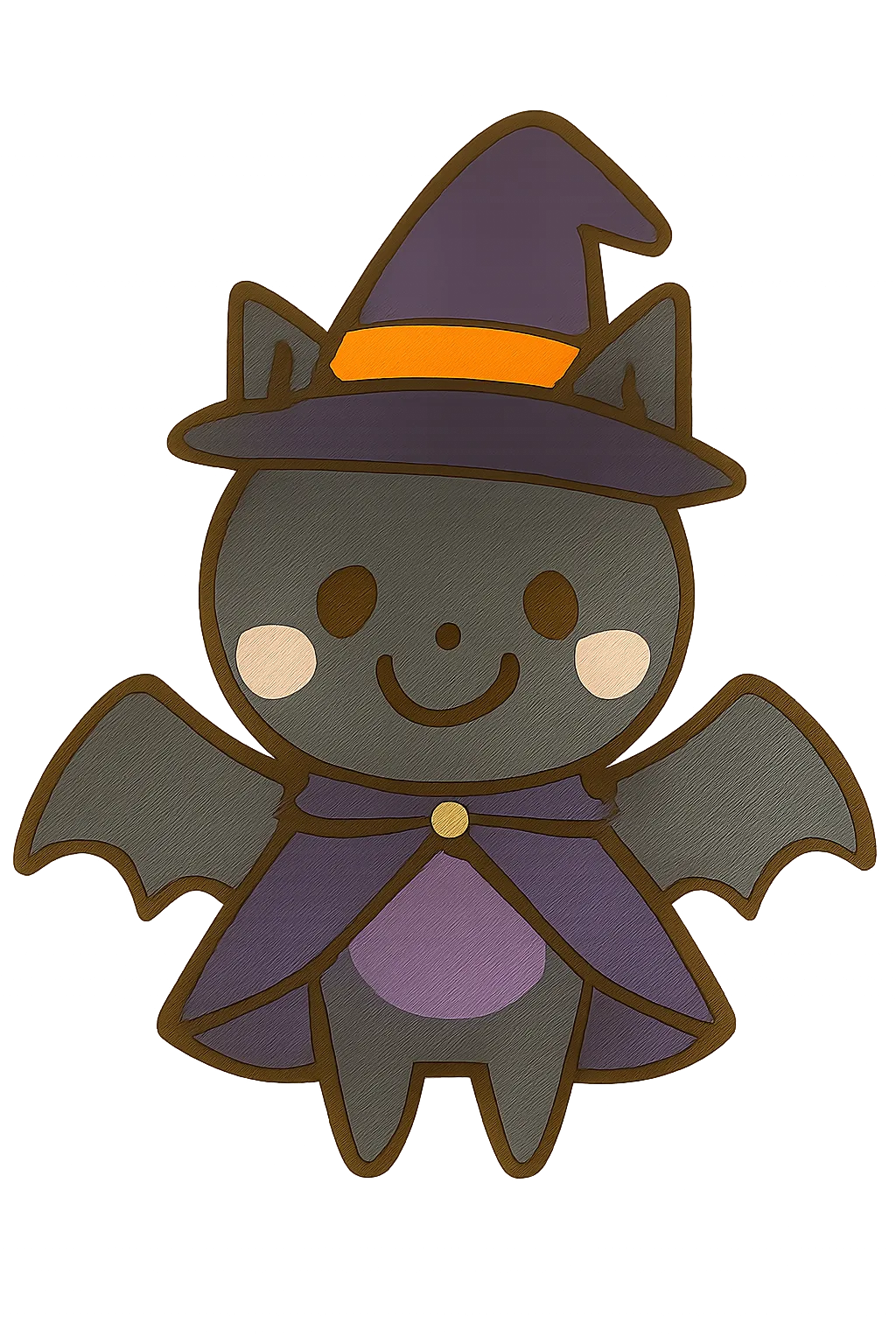 簡単かわいいハロウィンコウモリイラスト｜魔女帽子をかぶったコウモリが笑顔で描かれたデザイン。紫と黒の配色が映えるシンプルなタッチで、簡単かわいい雰囲気をしっかりと伝えています。