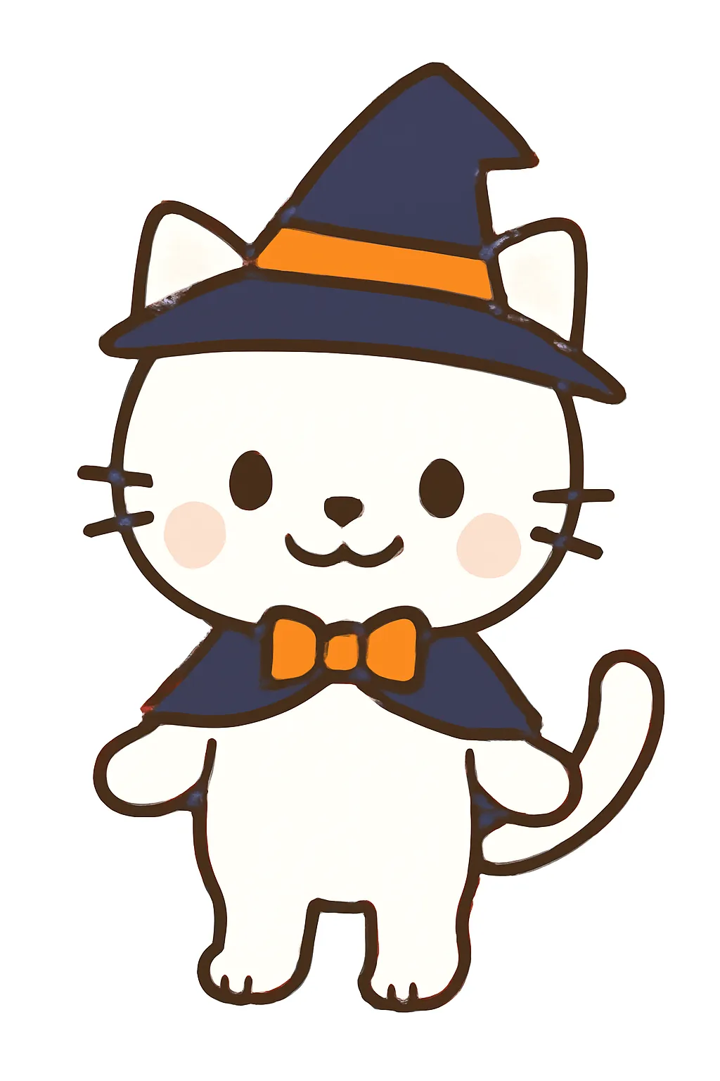 簡単かわいいハロウィン猫イラスト｜魔女帽子とマントをまとった白猫が描かれたデザイン。やさしい線でまとめられた簡単かわいい雰囲気が、親しみやすく愛らしいハロウィンを演出しています。