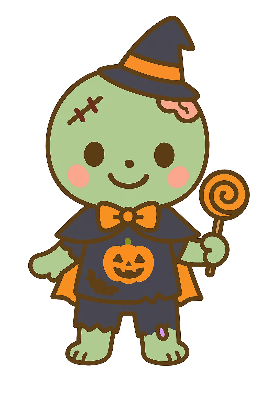 簡単かわいいハロウィンゾンビイラスト｜ゾンビ姿のキャラクターがかぼちゃ模様の服とキャンディを持つユーモラスなデザイン。コミカルなタッチが特徴で、簡単かわいい世界観を表現しています。
