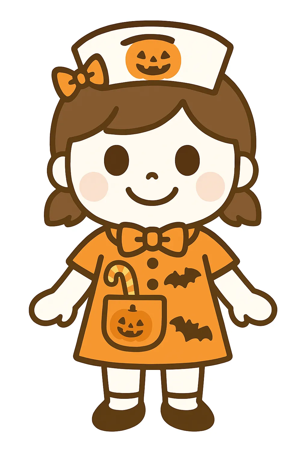 簡単かわいいハロウィンナースイラスト｜かぼちゃモチーフの帽子やポケットがポイントのナース風キャラクター。オレンジ色を中心にした色使いで、温かみのある簡単かわいい雰囲気に仕上がっています。