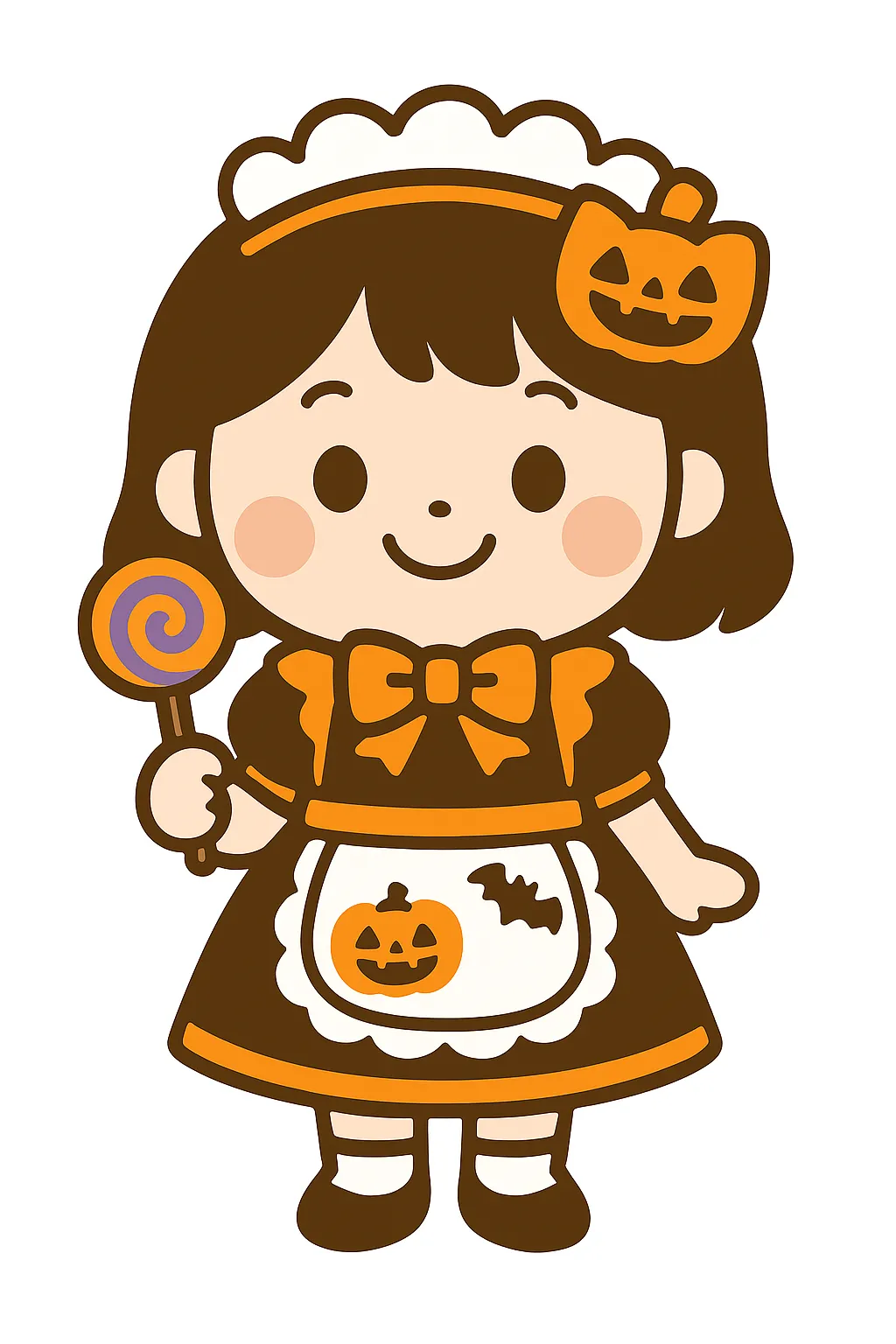 簡単かわいいハロウィンメイドイラスト｜メイド衣装にハロウィン要素を加えたキャラクター。リボンやかぼちゃ飾りが華やかで、全体を柔らかにまとめた簡単かわいい印象が魅力です。