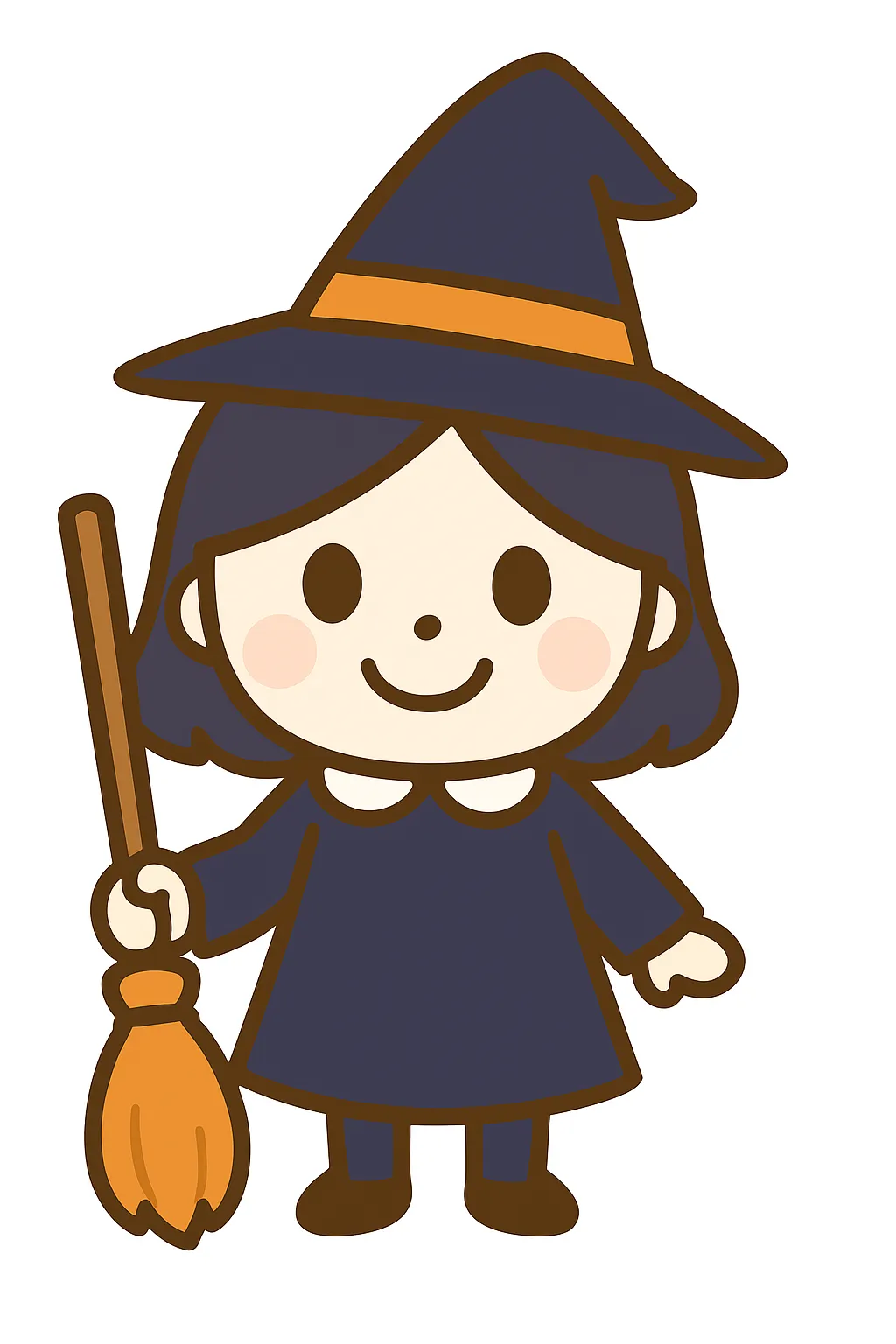 簡単かわいいハロウィン魔女イラスト｜黒い帽子とほうきを持つ魔女の姿をやさしいタッチで描いたデザイン。親しみやすい表情が魅力で、簡単かわいい雰囲気がハロウィンの楽しさを引き立てています。