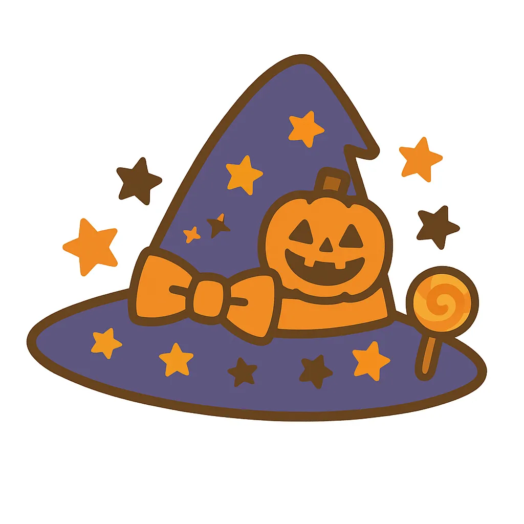 簡単かわいいハロウィン帽子イラスト｜星やかぼちゃ飾りがついた魔女帽子をモチーフにしたデザイン。紫とオレンジの配色が印象的で、シンプルながら簡単かわいい雰囲気を感じさせます。