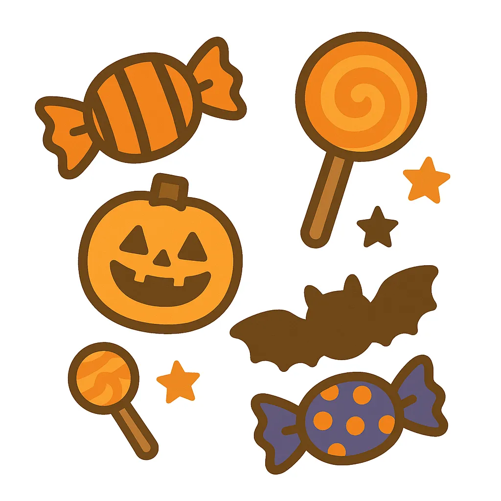 簡単かわいいハロウィンお菓子イラスト｜キャンディやかぼちゃ、こうもりを並べたポップな構図。明るい色合いで表現された簡単かわいいスタイルが、お祭り気分を楽しく演出します。