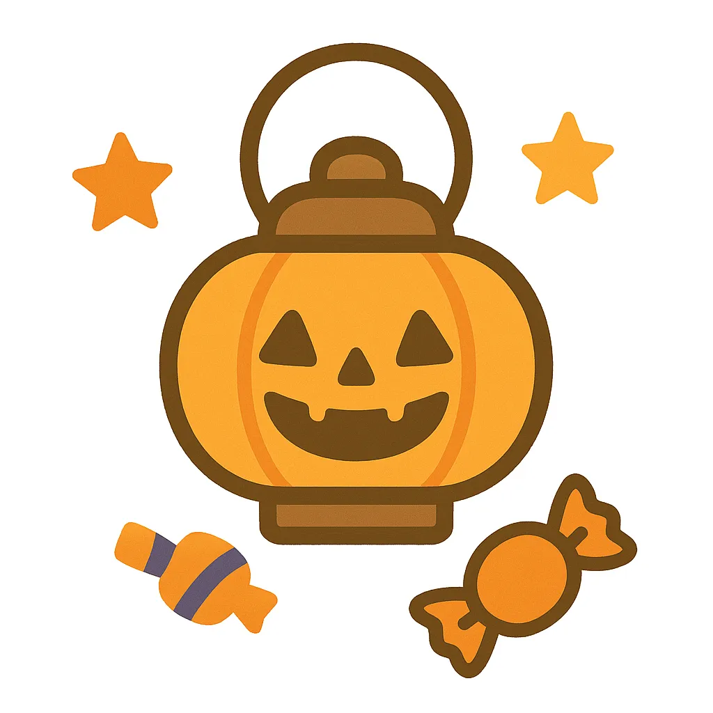 簡単かわいいハロウィンランタンイラスト｜かぼちゃ型のランタンとキャンディを組み合わせた愛らしいデザイン。優しい線と色彩でまとめられ、簡単かわいい雰囲気が温かく灯ります。