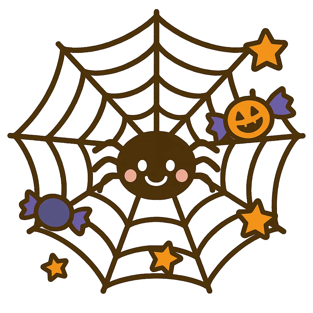 簡単かわいいハロウィン蜘蛛の巣イラスト｜微笑むクモと飾り付きの蜘蛛の巣を描いた遊び心のあるデザイン。オレンジや紫の差し色で彩られ、簡単かわいい雰囲気が楽しさを演出しています。