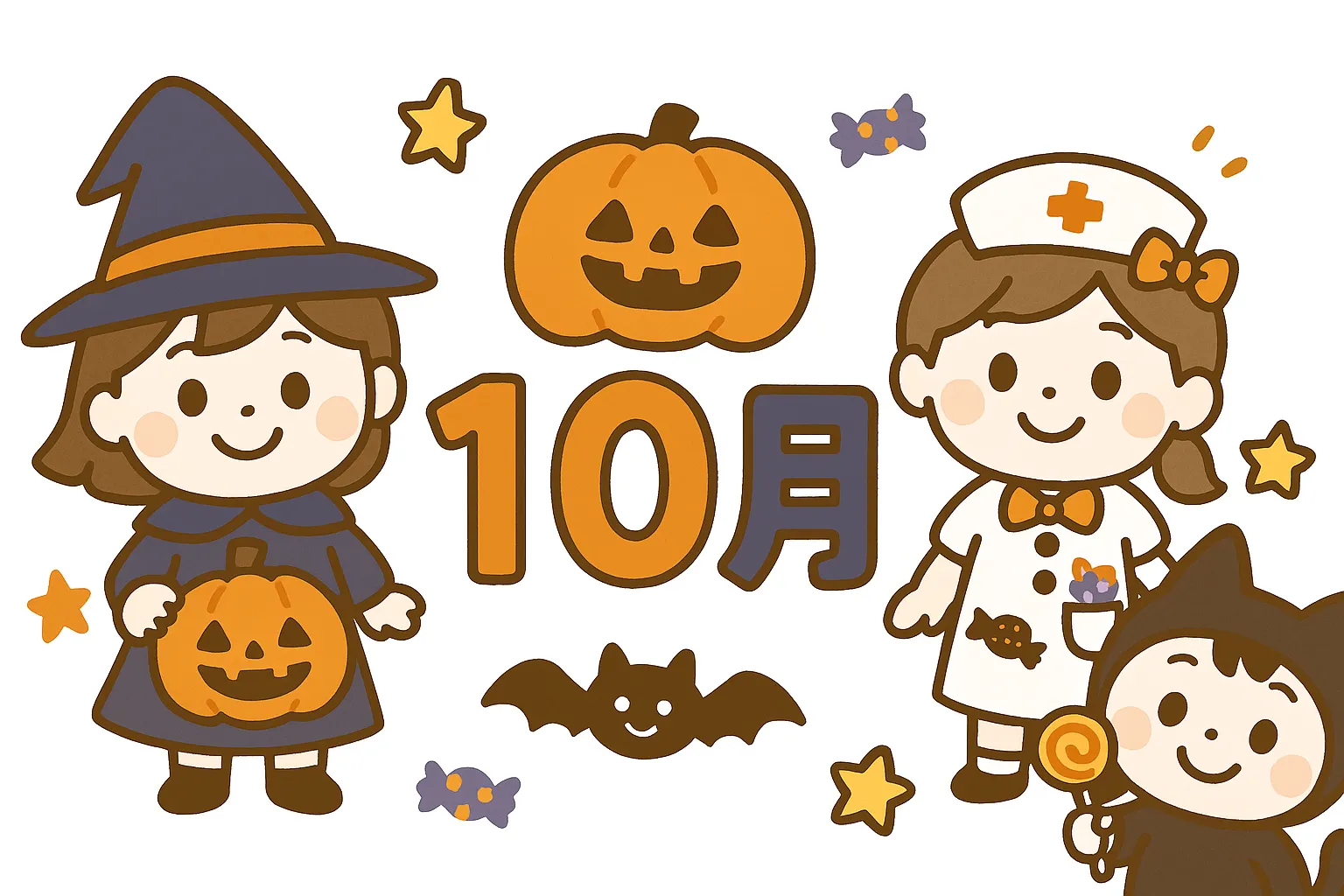 簡単かわいい10月コスチュームイラスト｜魔女や看護師など仮装したキャラクターが並ぶ、温かみのある構図。かぼちゃやコウモリが加わり、簡単かわいいスタイルでにぎやかさが表現されています。