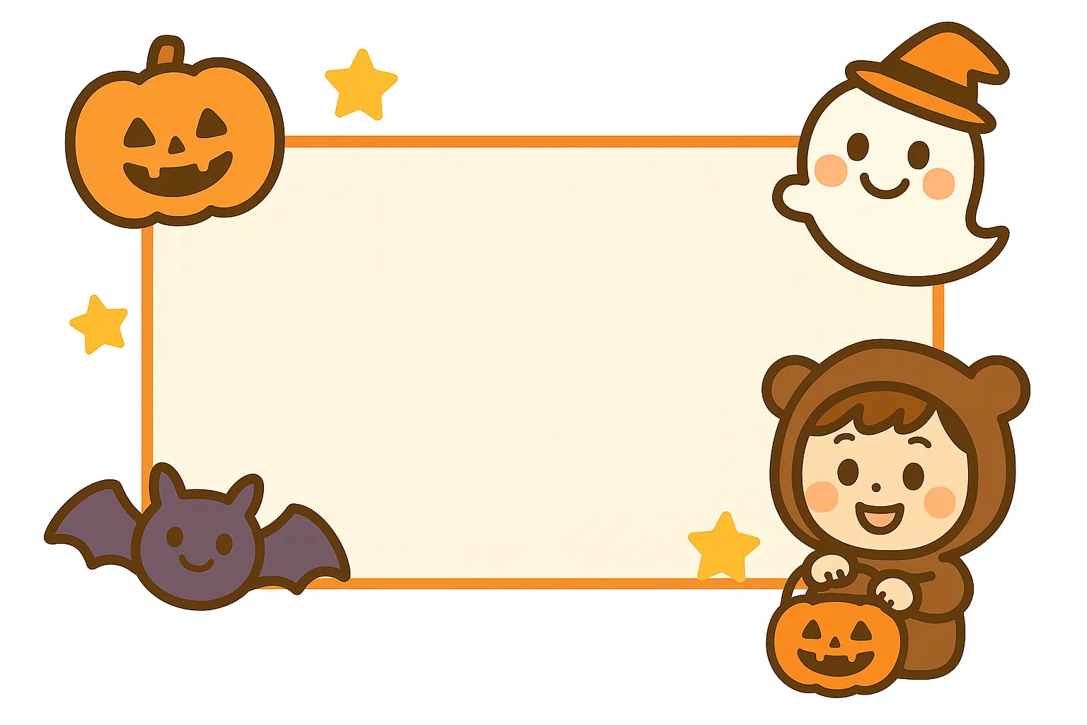 簡単かわいいハロウィンフレームイラスト｜おばけやコウモリ、かぼちゃをあしらったシンプルなフレームデザイン。全体を包む簡単かわいい雰囲気が、季節のカードやメッセージ枠にぴったりです。