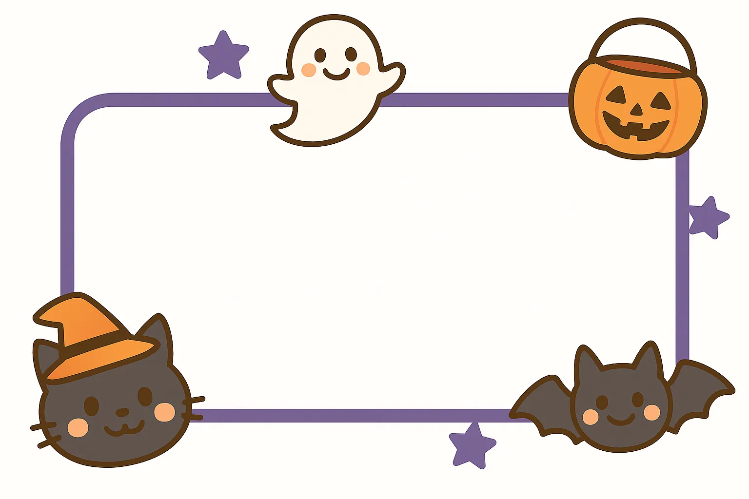 簡単かわいいハロウィン枠イラスト｜黒猫やジャックオランタン、星をあしらった楽しいフレーム。親しみやすい色合いで描かれた簡単かわいい雰囲気が、明るいハロウィンを演出します。