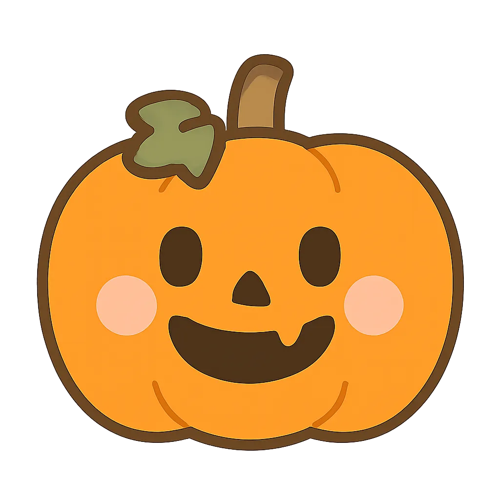 簡単かわいいハロウィンかぼちゃイラスト｜にっこり笑う表情のかぼちゃが描かれたデザイン。丸みのあるシルエットと柔らかい色彩が特徴で、簡単かわいい雰囲気が温かく伝わります。