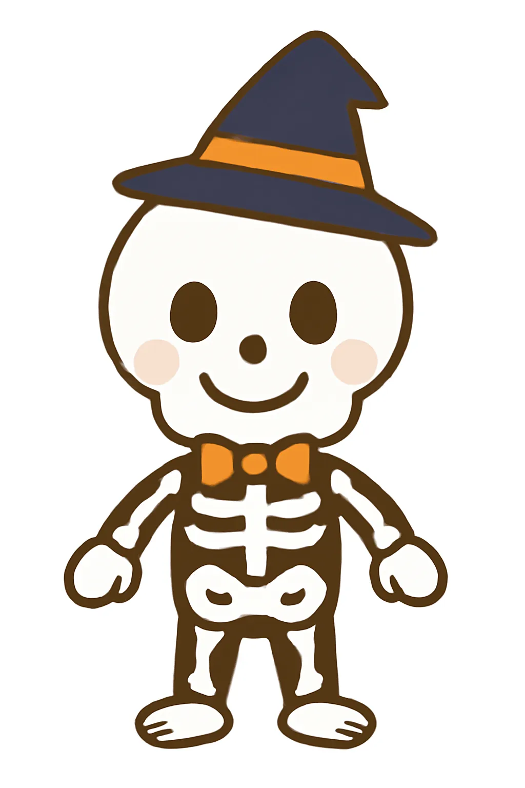 簡単かわいいハロウィンガイコツイラスト｜帽子と蝶ネクタイをつけたガイコツが描かれたユーモラスなデザイン。怖さよりも親しみやすさを感じさせ、簡単かわいい魅力を表現しています。