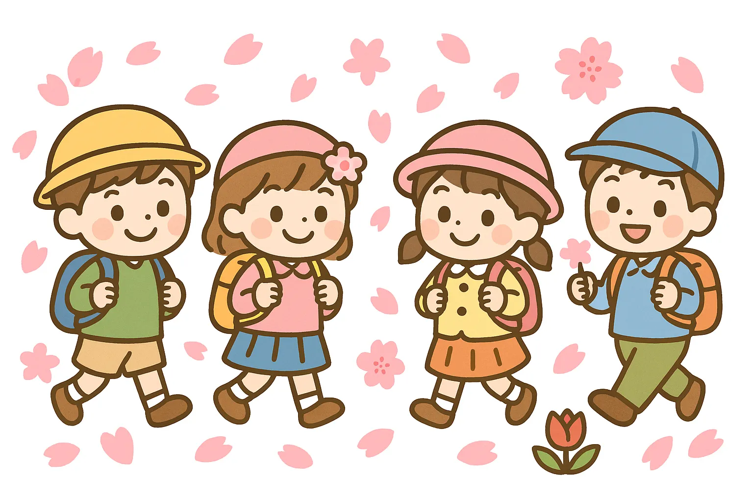 簡単かわいい春の遠足イラスト｜桜の花びらが舞う中で楽しそうに歩く子どもたちを描いたデザイン。優しい色合いと明るい雰囲気が特徴で、簡単かわいい印象が春の遠足を華やかに彩ります。