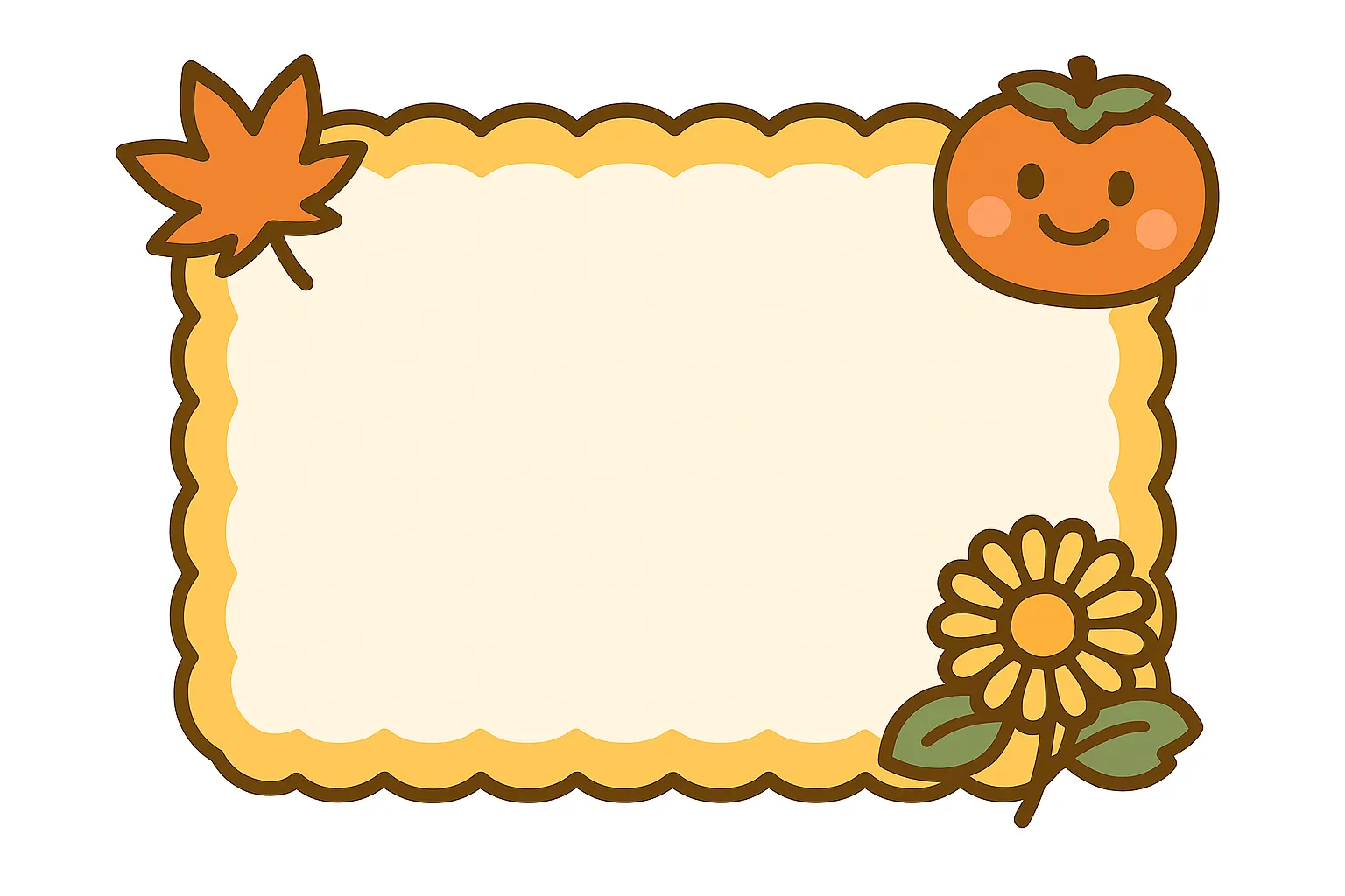 簡単かわいい11月枠イラスト｜柿や花、紅葉を取り入れたシンプルなフレームデザイン。黄色とオレンジを基調にした配色がやわらかく、簡単かわいい雰囲気で季節感を表現しています。