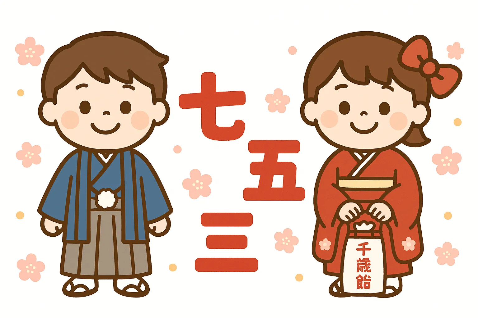 簡単かわいい七五三イラスト｜和服を着た子どもたちが笑顔で並ぶ七五三のデザイン。淡い色調と柔らかな線が特徴で、簡単かわいい雰囲気が伝統行事の華やかさを優しく伝えます。