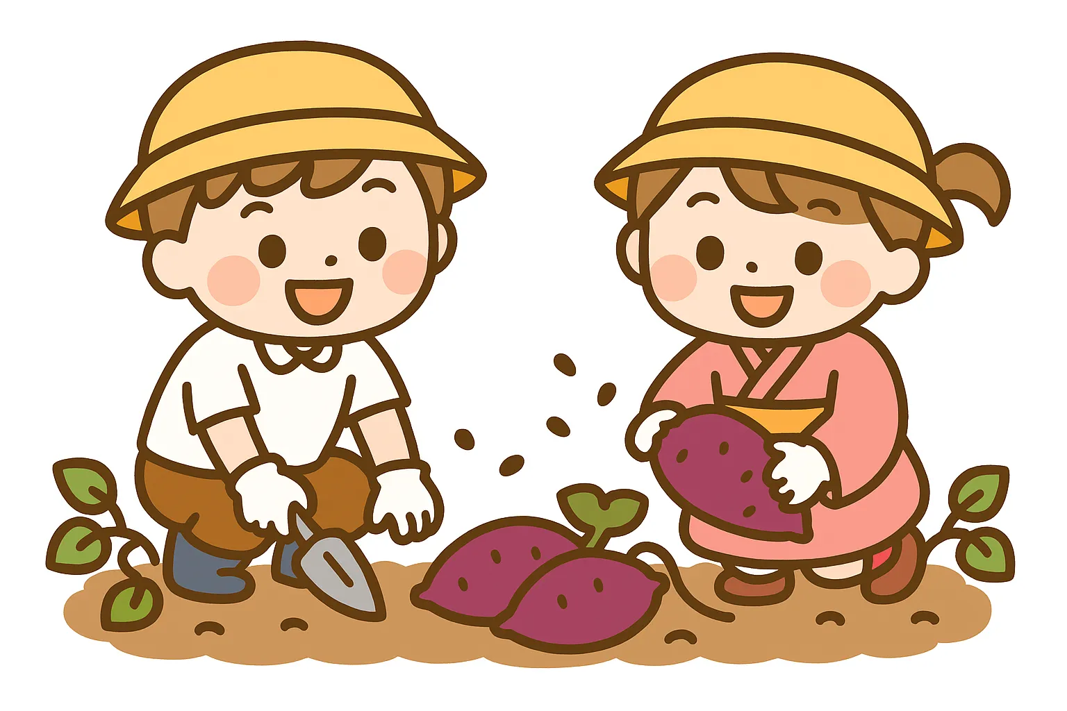 簡単かわいい芋掘りイラスト｜子どもたちが土の中からサツマイモを掘り出す様子を描いたデザイン。明るい表情と素朴な配色が調和し、簡単かわいい雰囲気で秋の収穫を楽しげに表現しています。