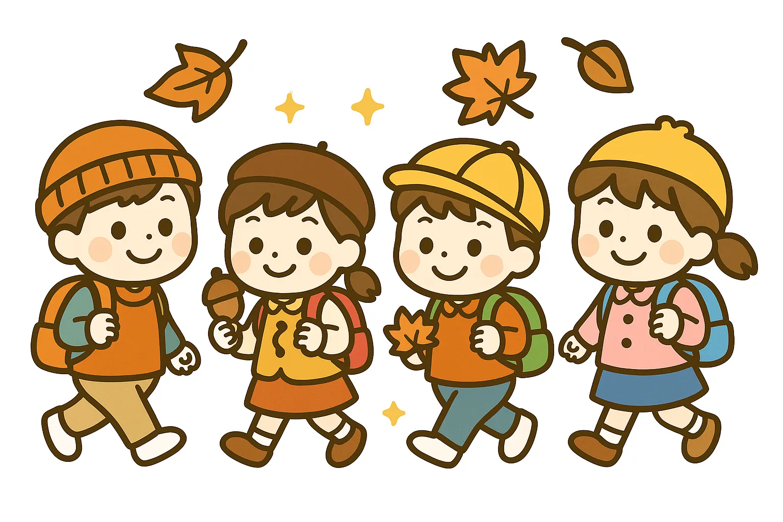 簡単かわいい秋の遠足イラスト｜紅葉や落ち葉を背景に子どもたちが歩く姿を表現したデザイン。温かみのあるオレンジや茶色が映え、簡単かわいい雰囲気で秋の行楽気分を盛り上げます。